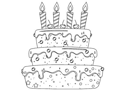 Dibujo para colorear una tarta de cumpleaños con cuatro velas