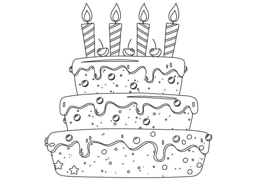 Dibujo para colorear de una tarta de cumpleaños con cuatro velas. Birthday cake with four candles coloring pages.