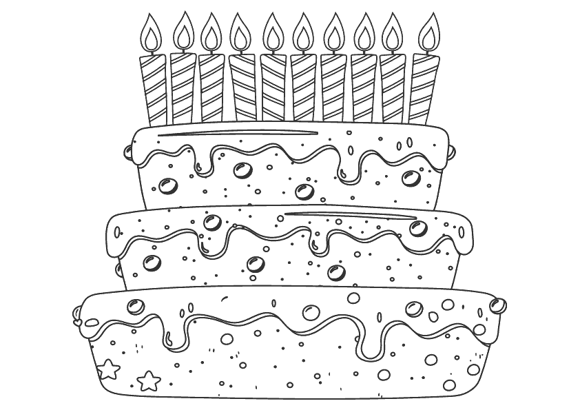 Dibujo para colorear de una tarta de cumpleaños con diez velas. Birthday cake with ten candles coloring pages.