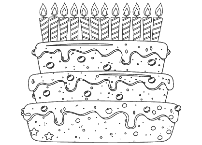 Dibujo para colorear una tarta de cumpleaños con doce velas
