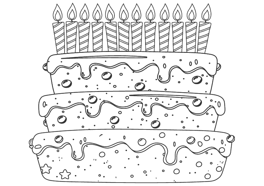 Dibujo para colorear de una tarta de cumpleaños con doce velas. Birthday cake with twelve candles coloring pages.