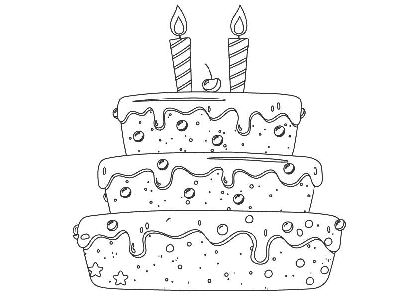 Dibujo para colorear de una tarta de cumpleaños con dos velas. Birthday cake with two candles coloring pages