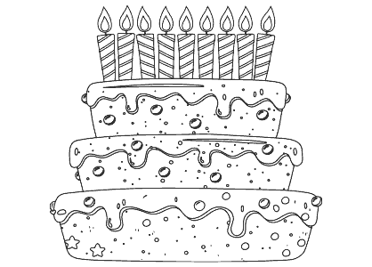 Dibujo para colorear una tarta de cumpleaños con nueve velas