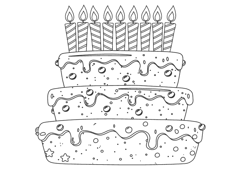  Dibujo para colorear de una tarta de cumpleaños con nueve velas
