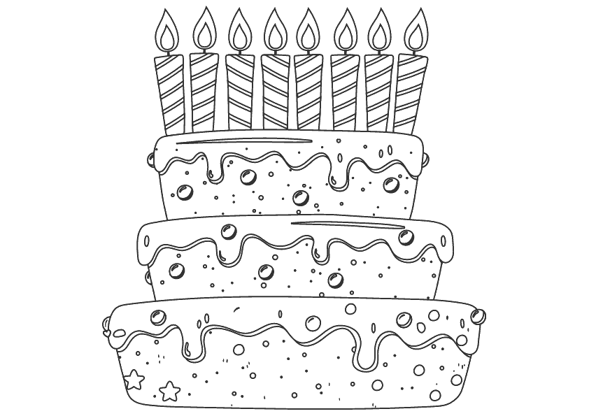 Dibujo para colorear de una tarta de cumpleaños con ocho velas. Birthday cake with eight candles coloring pages.