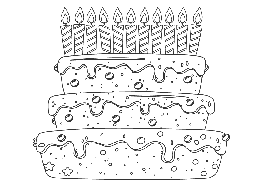 Dibujo para colorear de una tarta de cumpleaños con diez velas. Birthday cake with ten candles coloring pages.