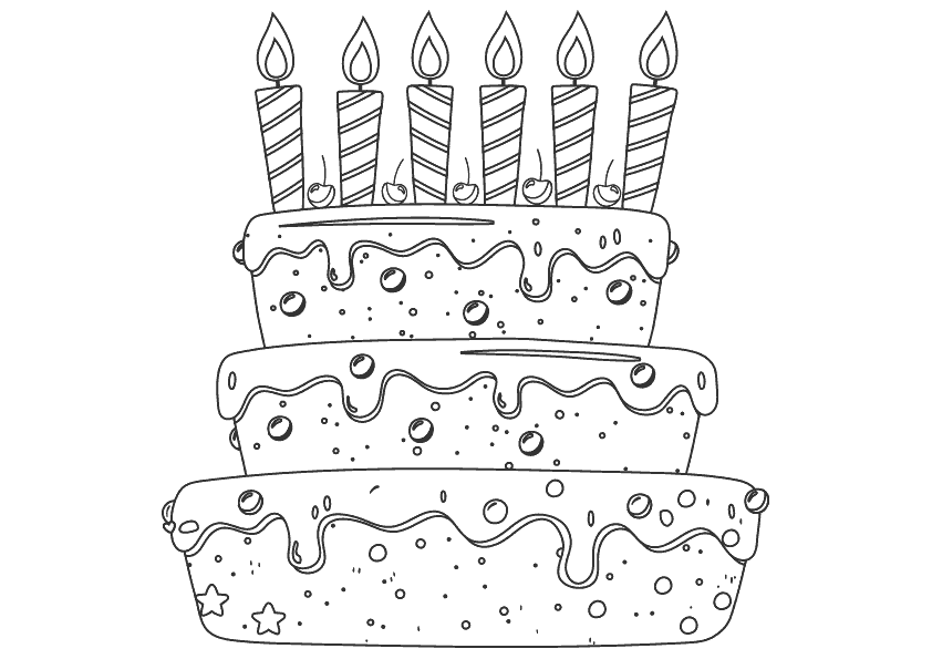 Dibujo para colorear de una tarta de cumpleaños con seis velas. Birthday cake with six candles coloring pages.