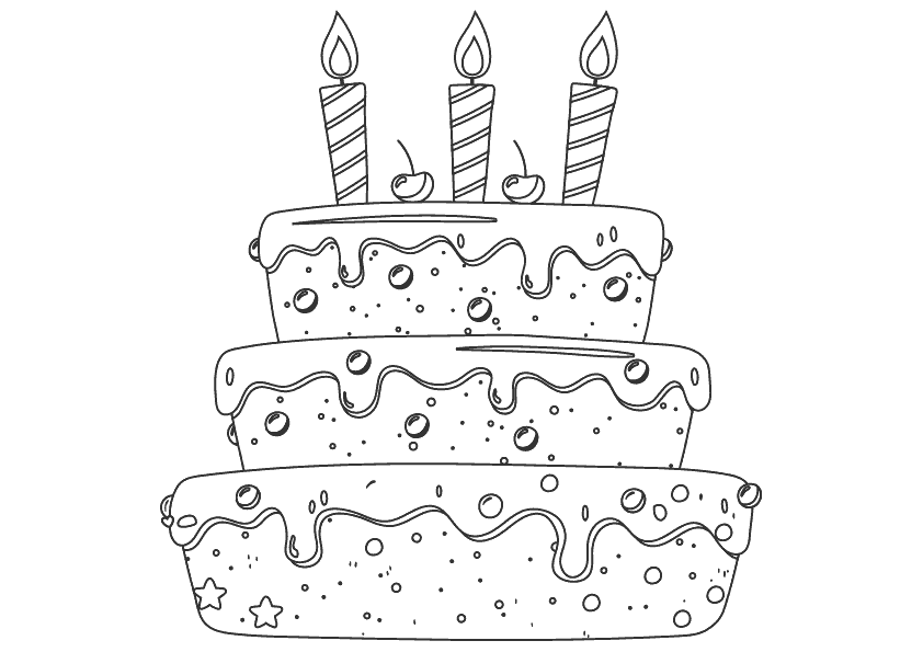 Dibujo para colorear de una tarta de cumpleaños con tres velas. Birthday cake with three candles coloring pages.