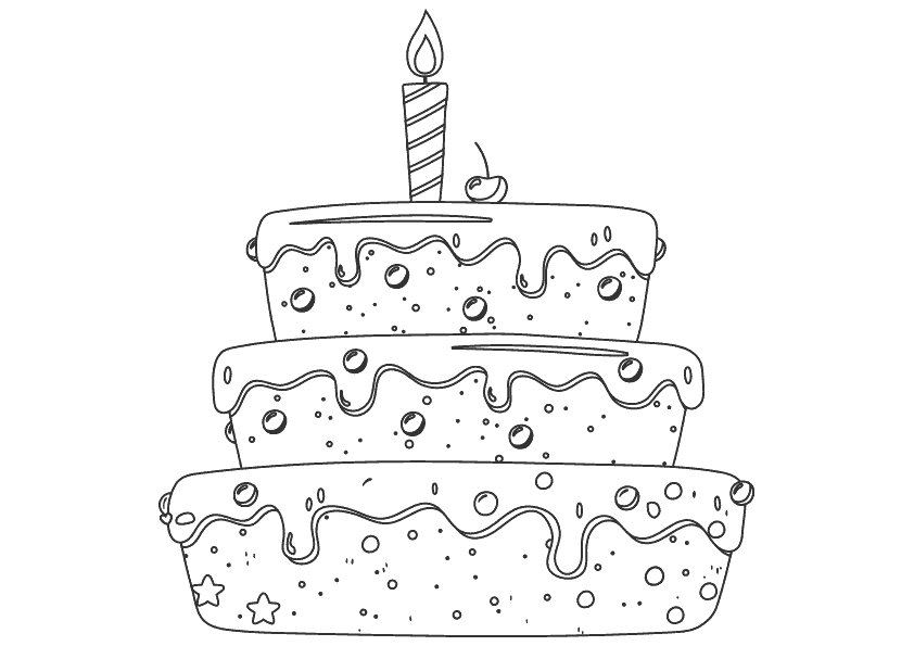Dibujo para colorear de una tarta de cumpleaños con una vela. Birthday cake with a candle coloring pages