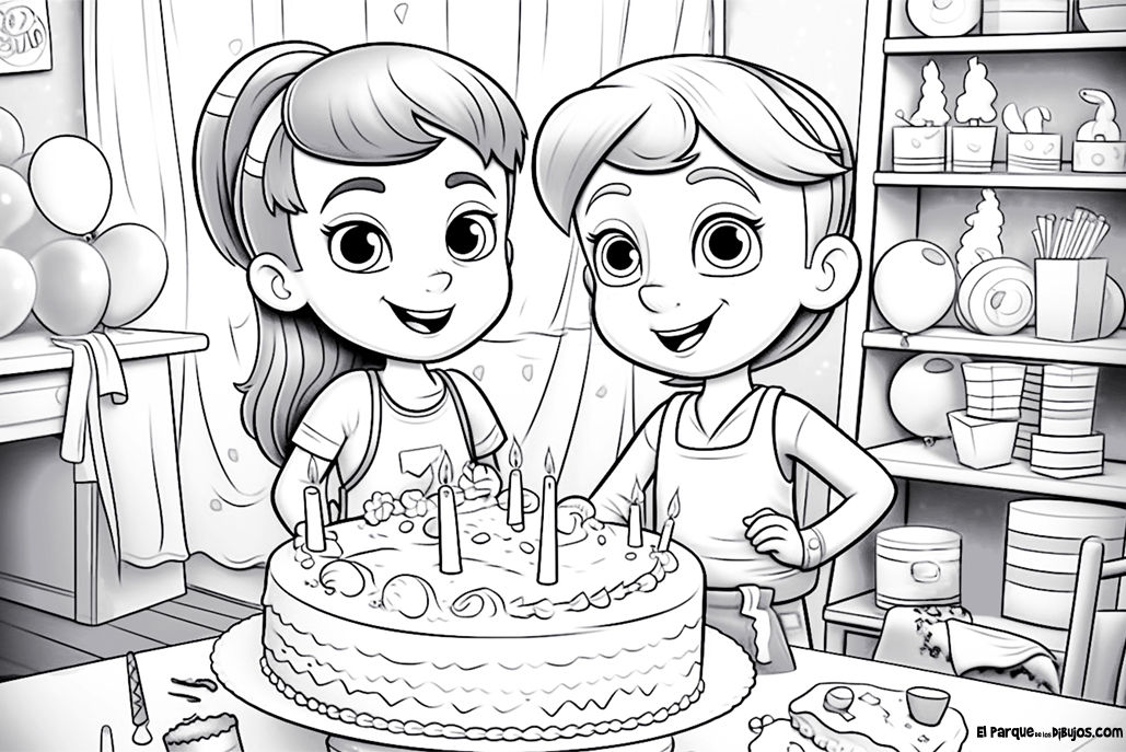 Ilustración en blanco y negro de unos niños con una tarta de cumpleaños