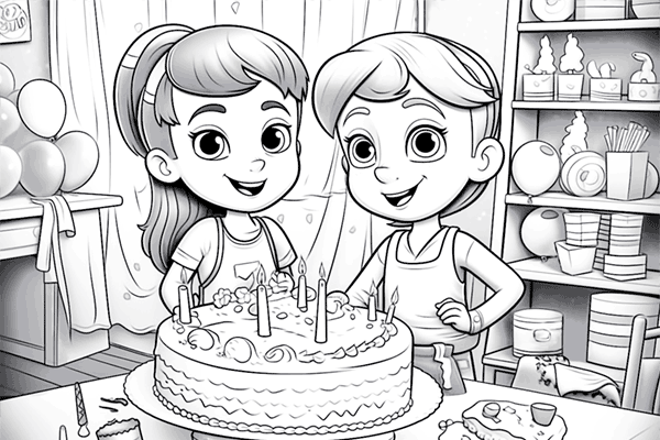 Ilustración de unos niños con una tarta de cumpleaños