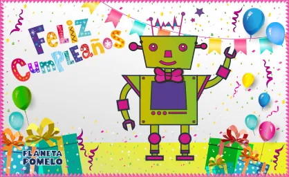 Tarjeta de cumpleaños del robot Carmelo de Planeta Pomelo.