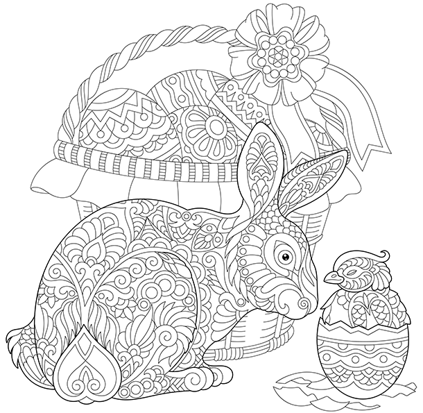 Dibujo para colorear mandala de una ilustración de la silueta de un del conejo de pascua y un pollito saliendo de la cáscara