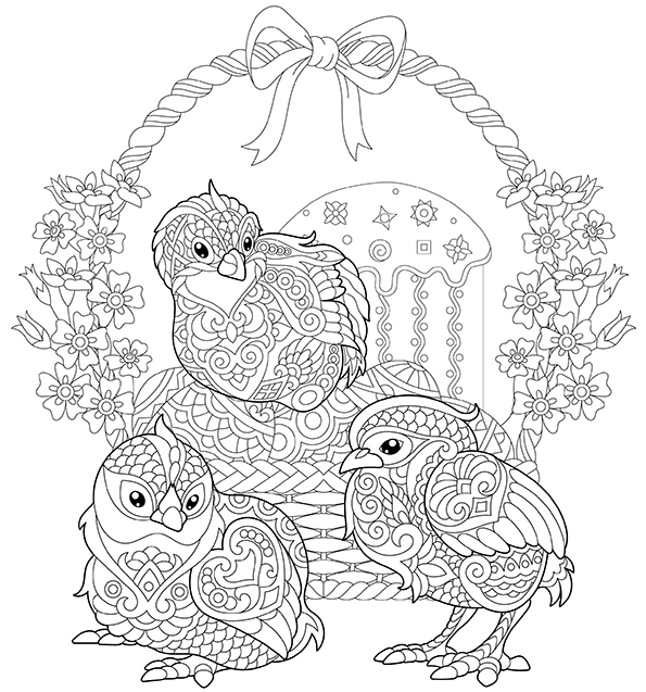 Dibujo para colorear mandala de una ilustración de la silueta de un  de tres pollitos
