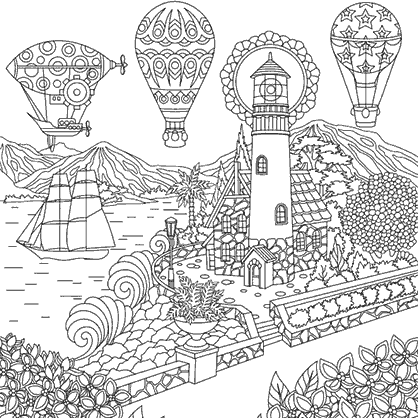 Dibujo para colorear mandala de una ilustración de la silueta de un paisaje con mar, globos y una casa con faro