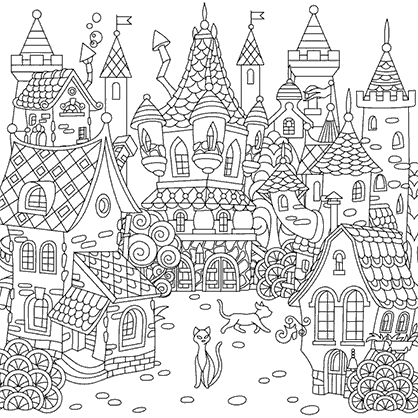 Dibujo para colorear un mandala con la ilustración de una ciudad de la edad media de un cuento de hadas