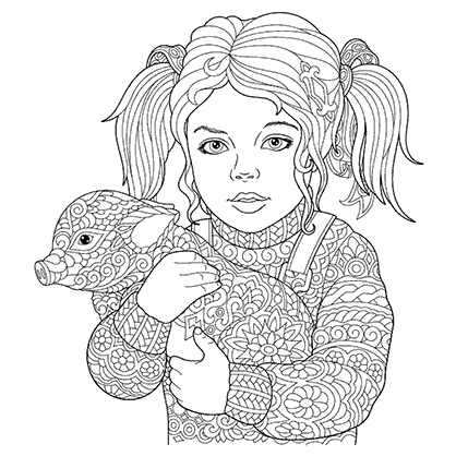Dibujo para colorear mandala de ilustración silueta de una niña con cerdito