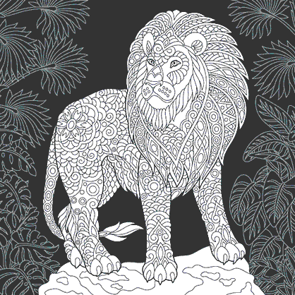 Dibujo para colorear mandala de ilustración silueta de león salvaje sobre fondo negro
