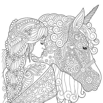 Dibujo para colorear mandala de ilustración silueta de una mujer con un unicornio