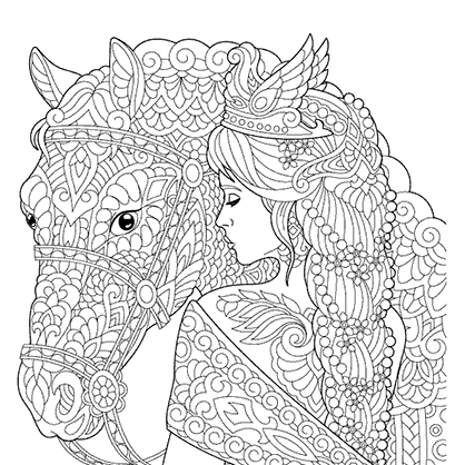Dibujo para colorear mandala ilustración silueta de una mujer acariciando un caballo