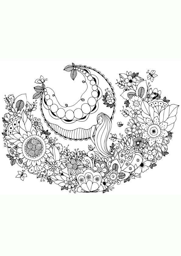 Dibujo para colorear mandala ilustración silueta de una mujer en un campo de flores,silueta de una mujer en primavera, abeja, mariposa, flor, luna, hojas , flores grandes, flores pequeñas