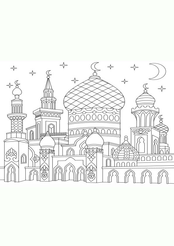 Dibujo para colorear mandala de una ilustración de la silueta de un  de Mezquita turca con lunas crecientes.