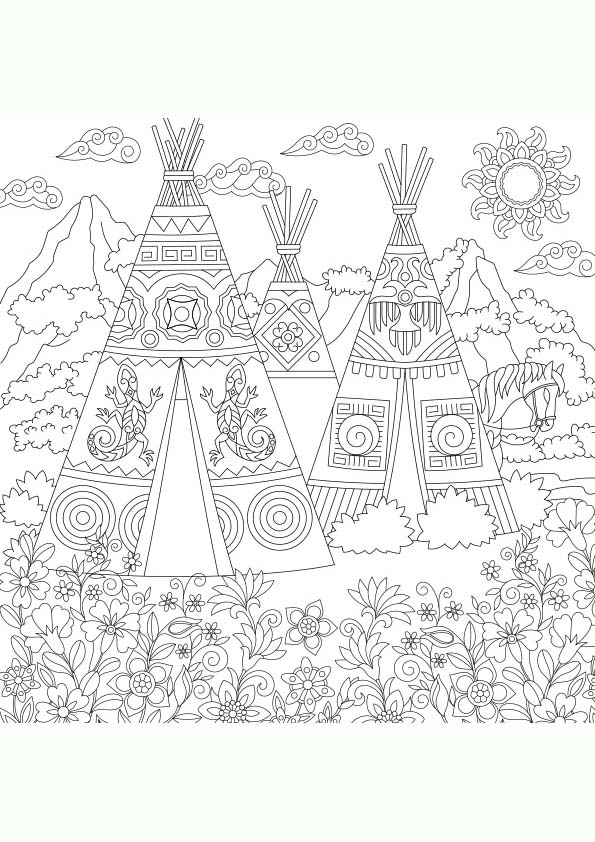 Dibujo para colorear mandala de una ilustración de la silueta de un  pueblo nativo norteamericano de wigwam.