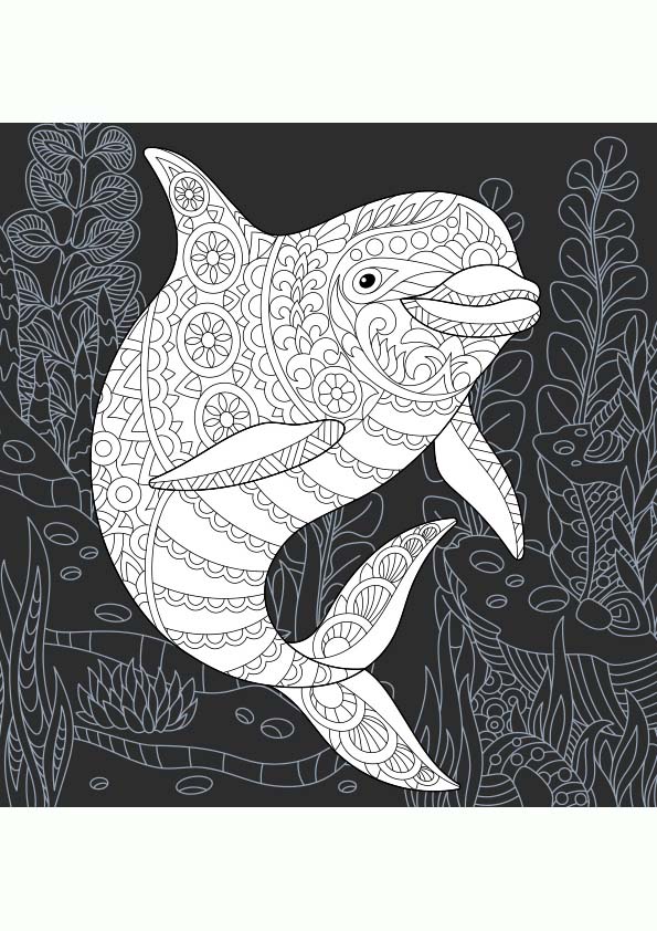 Dibujo para colorear mandala de una ilustración de la silueta de un delfin