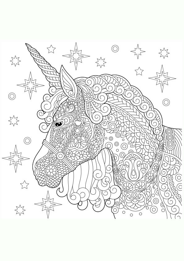 Dibujo para colorear mandala de una ilustración de la silueta de un unicornio mágico