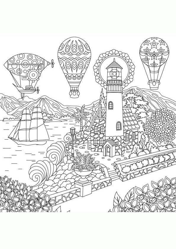 Dibujo para colorear mandala ilustración de un paisaje con mar, globos y  faro