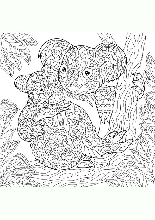 Dibujo para colorear mandala de una ilustración de la silueta de osos koalas