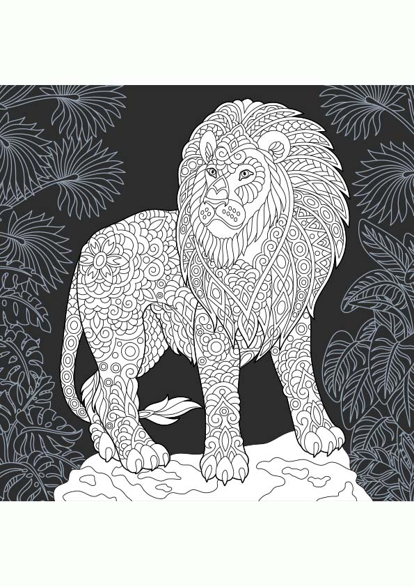Dibujo para colorear mandala de una ilustración de la silueta de un león salvaje.