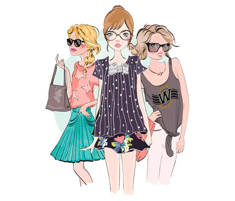 Dibujo de 3 chicas amigas que van a la moda en color