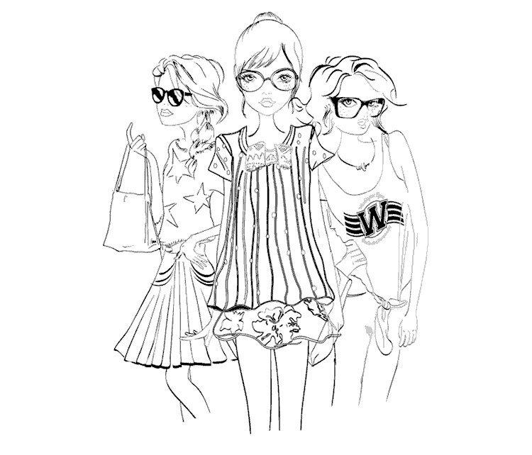 Dibujo en blanco y negro de 3 chicas fashion que van a la  moda