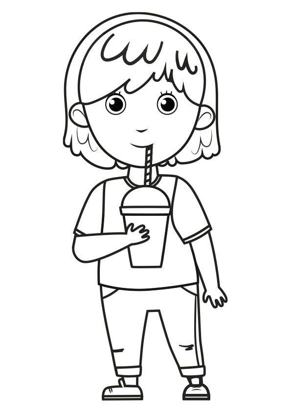 Dibujo para colorear de una niña bebiendo un batido. Coloring page of a girl drinking a smoothie.