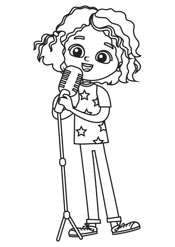 Dibujo para colorear de una niña cantando con un micrófono. A girl singing  with a microphone