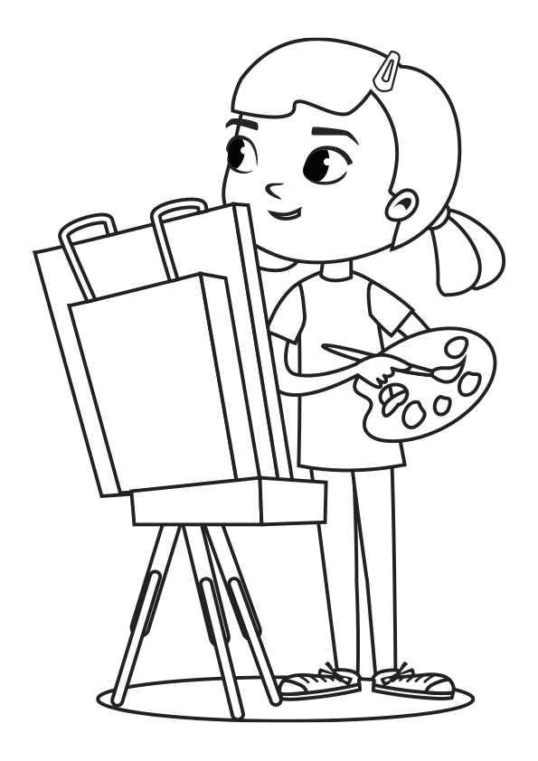 Dibujo para colorear de una niña pintando con un caballete. A girl painting with an easel coloring page.