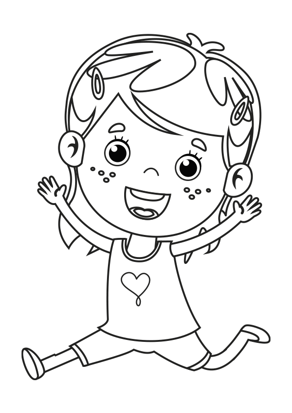 Dibujo para colorear de una niña saltando feliz. A little girl jumping happily coloring page.