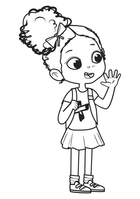 Dibujo para colorear de una niña saludando. Coloring page of a girl waving.