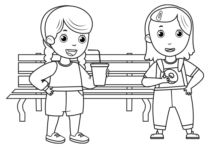 Dibujo para colorear unas niñas delante de un banco. Una niña está bebiendo una bebida y la otra está comiendo una rosquilla.