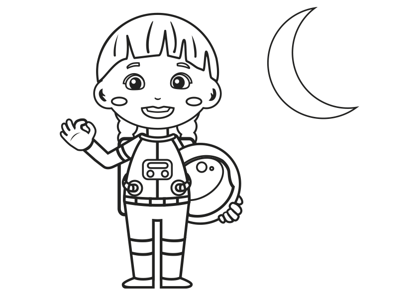 Dibujo para colorear de una niña astronauta. Astronaut girl coloring page.