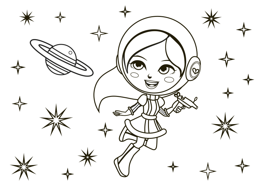 Dibujo para colorear de una niña capitana del espacio estelar. A space captain girl coloring page.