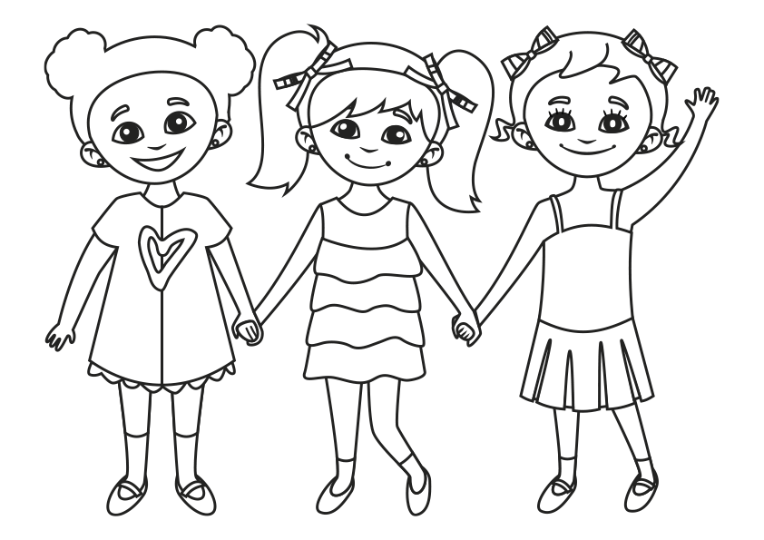 Dibujo para colorear de unas niñas felices saludando. Happy girls waving  coloring page.