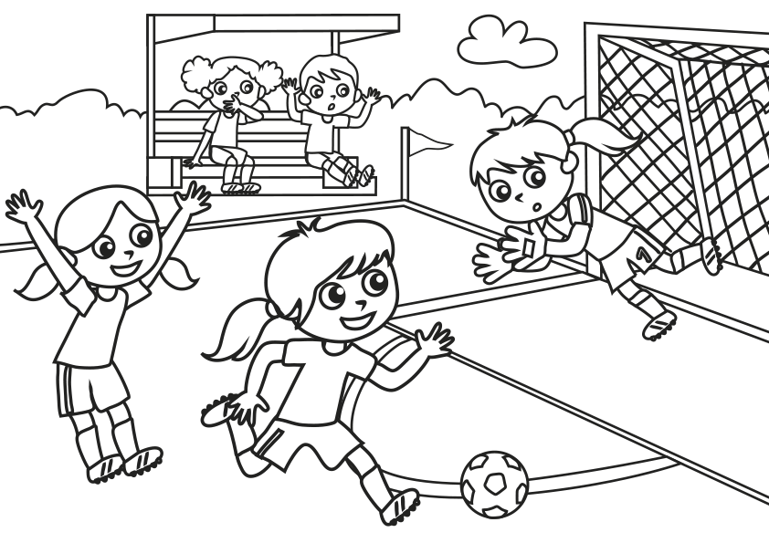 Dibujo para colorear de unas niñas jugando un partido de fútbol