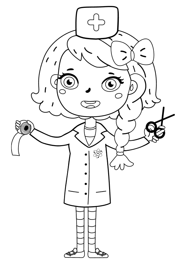 Dibujo para colorear de la niña Alba jugando a ser doctora. Alba playing at being doctor coloring page.
