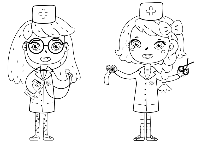 Dibujo para colorear de las niñas Silvia y Alba jugando a ser doctoras. Silvia and Alba playing at being doctors coloring page.