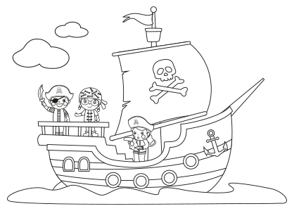 Dibujo para colorear de unos niños jugando en un barco pirata.