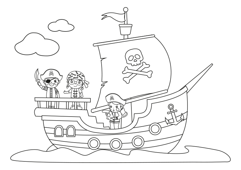 Dibujo para colorear de unos niños jugando en un barco pirata