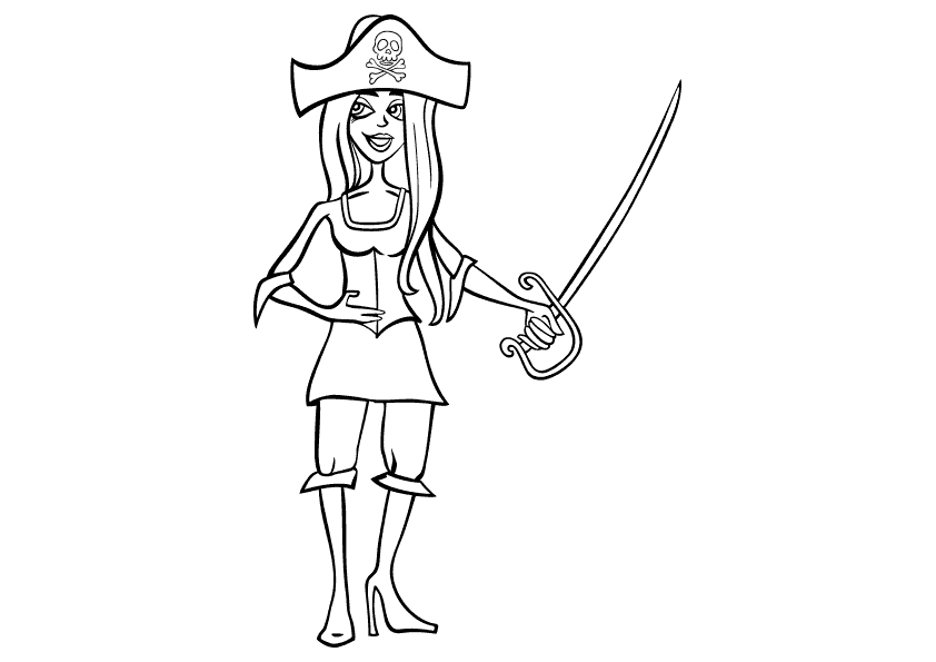 Dibujo para colorear una chica pirata con un sable
