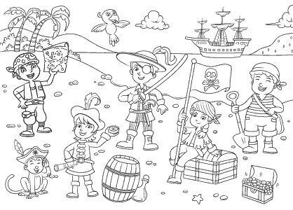 Dibujo para colorear de unos niños jugando a los piratas en una isla del tesoro.